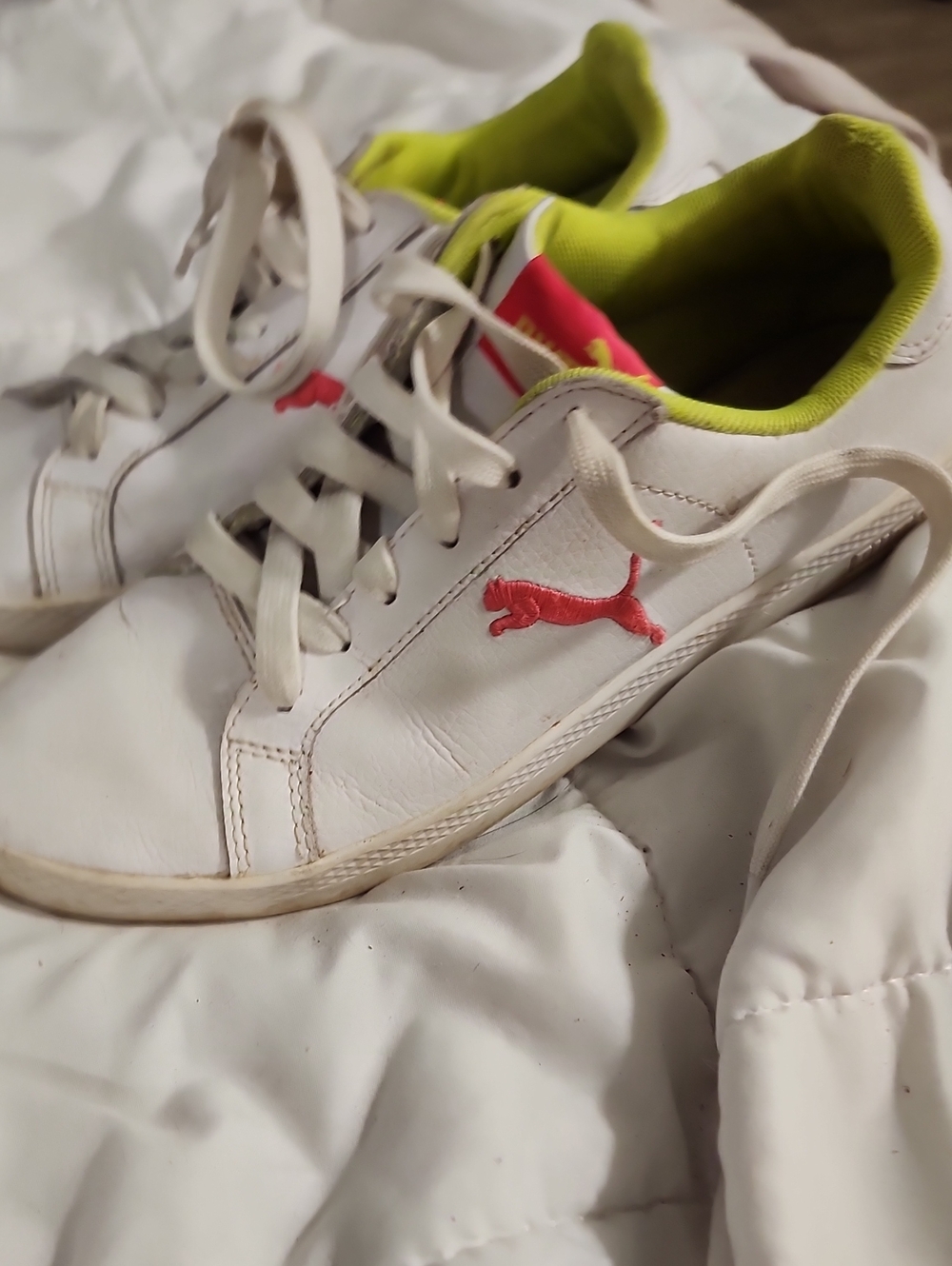 Puma White Leather Smash Czt Sneakers with Neon Lime Interior and Coral Logo